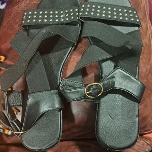 Classique Black Stretch Strappy Sandals with Studded Detail Size 8 Gently Worn
